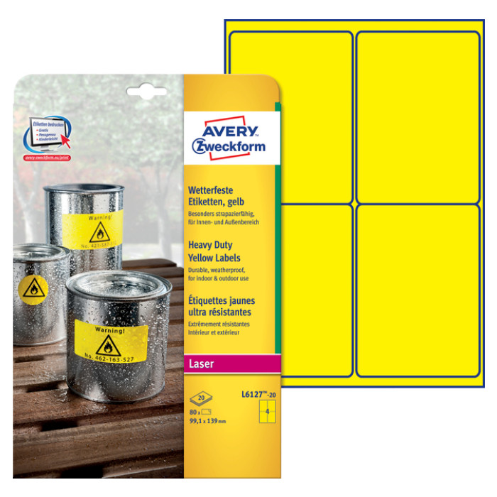 Etiket Avery Zweckform L6127-20 99.1x139mm geel 80stuks