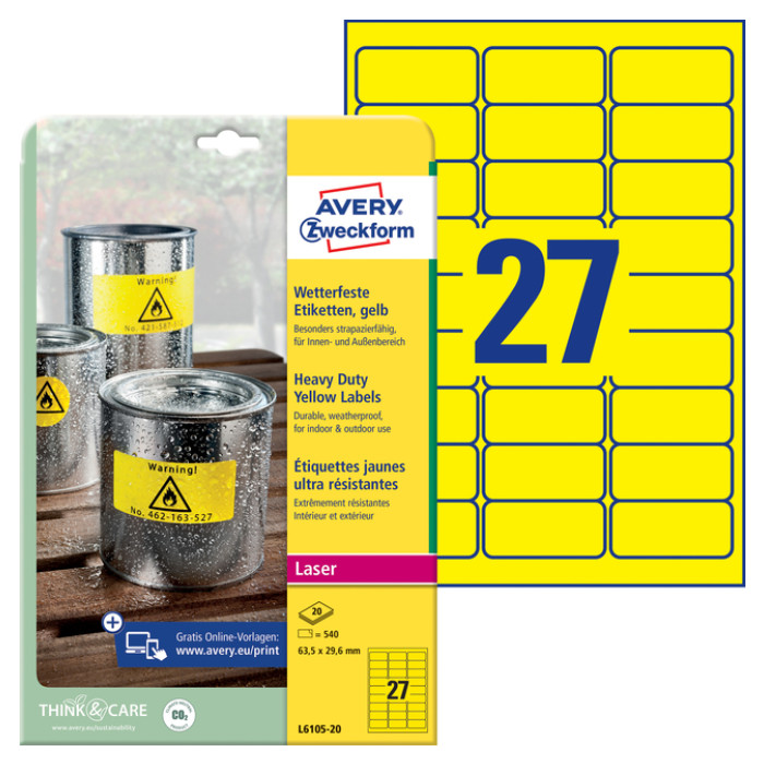 Etiket Avery Zweckform L6105-20 63.5x29.6mm geel 540stuks