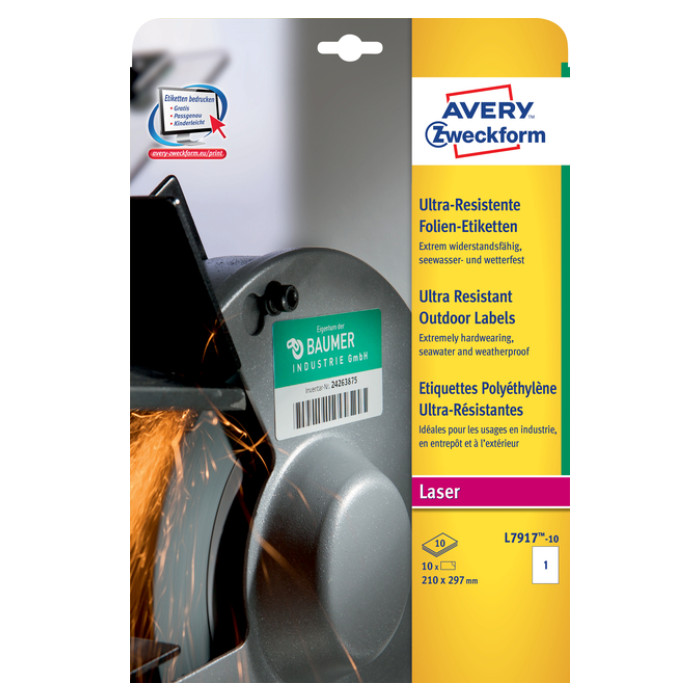 Etiket Avery Zweckform L7917-10 210x297mm polyethyleen wit 10stuks