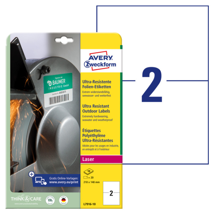 Etiket Avery Zweckform L7916-10 210x148mm polyethyleen wit 20stuks
