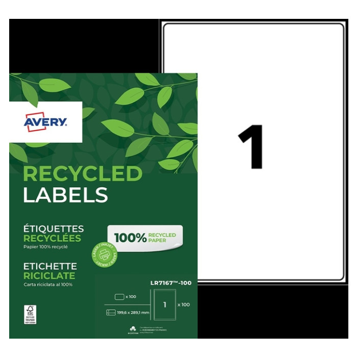 Etiket Avery LR7167-100 199.6x289.1mm recycled wit 100 etiketten