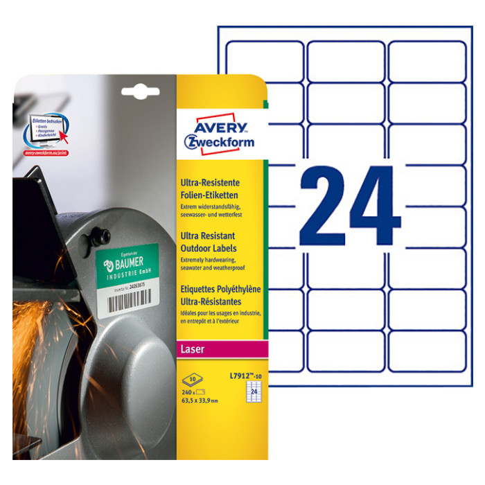 Etiket Avery Zweckform L7912-10 63.5x33.9mm polyethyleen wit 240stuks