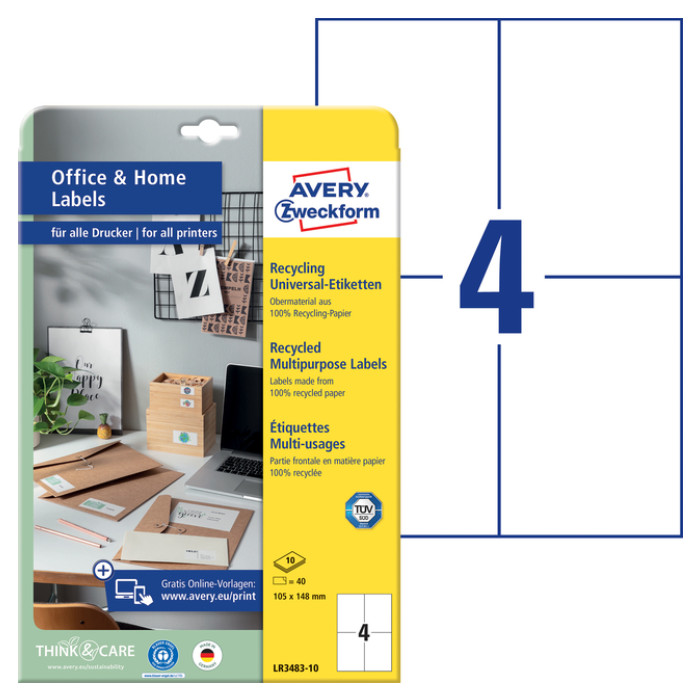 Etiket Avery Zweckform LR3483-10 105x148mm recycled wit 40stuks