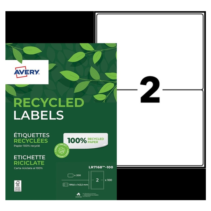 Etiket Avery LR7168-100 199.6x143.5mm recycled wit 200 etiketten