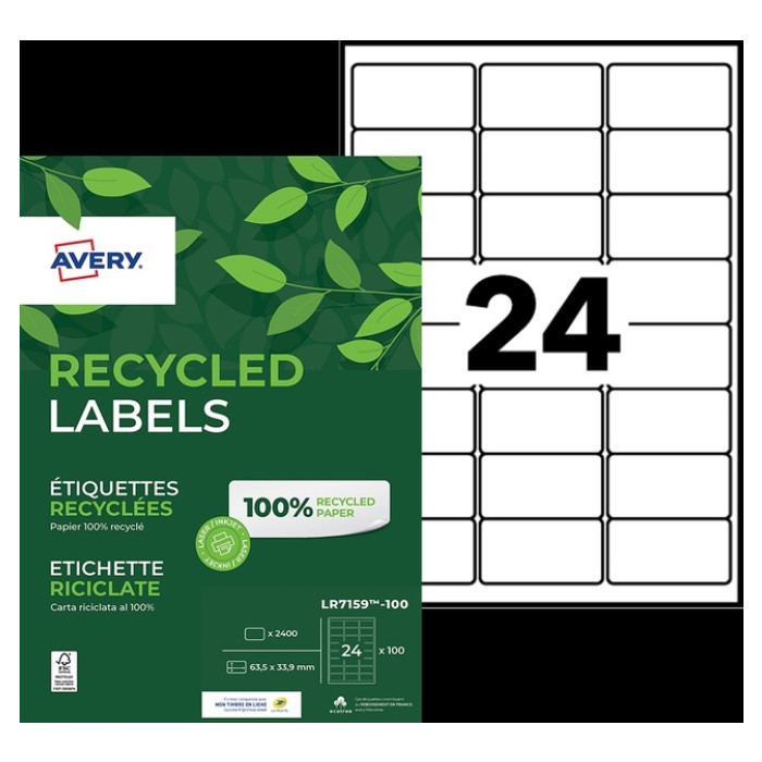 Etiket Avery LR7159-100 63.5x33.9mm recycled wit 2400 etiketten