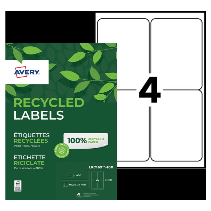 Etiket Avery LR7169-100 99.1x139 mm recycled wit 400 etiketten