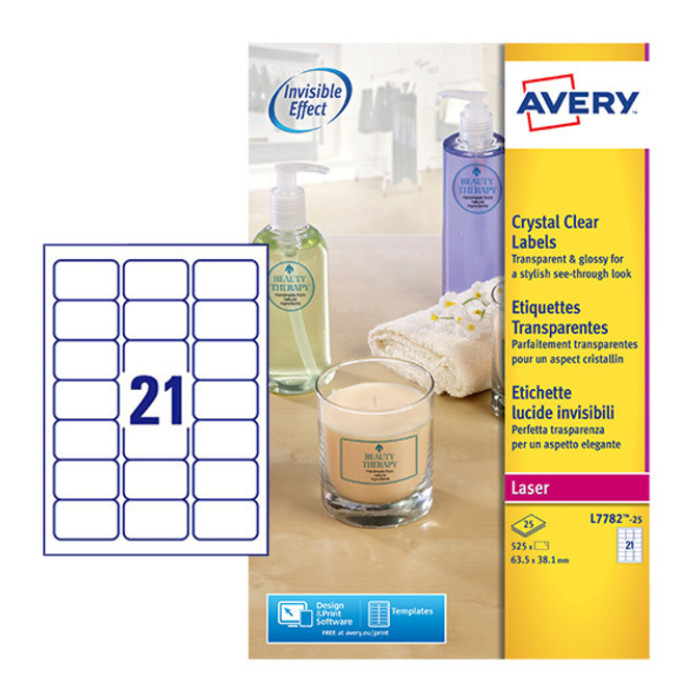 Etiket Avery L7782-25 63.5x38.1mm transparant 525 etiketten