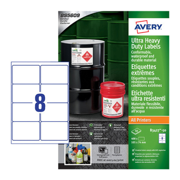 Etiket Avery B3427-50 105x74mm polyethyleen wit 400 etiketten