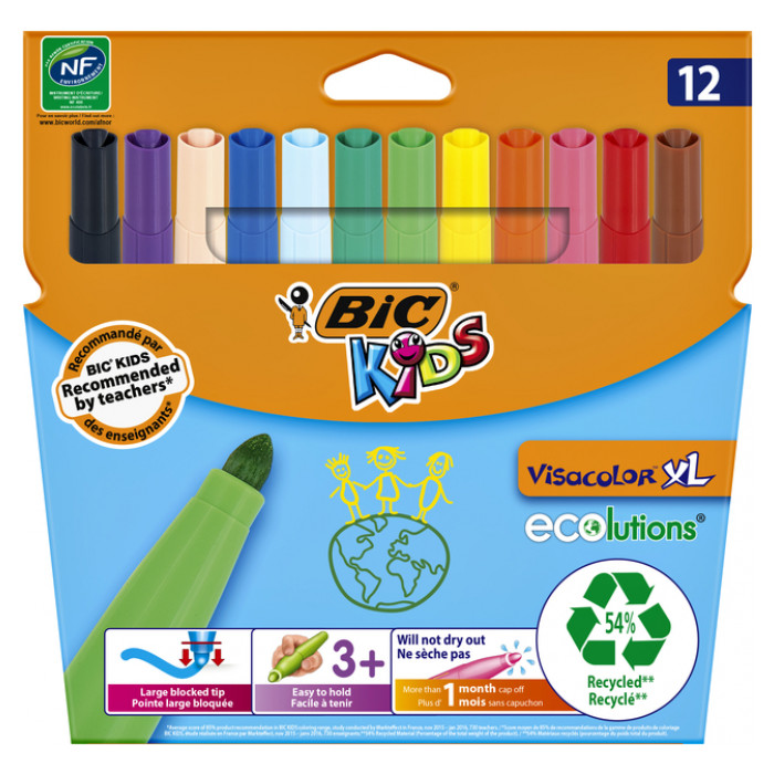 Kleurstift BicKids Visacolor XL Ecolutions assorti etui á 12 stuks