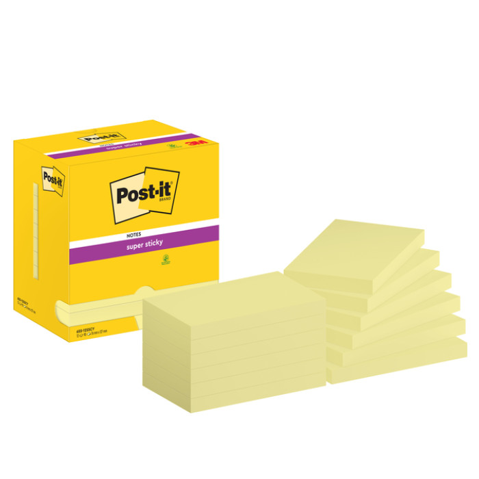 Memoblok Post-it 655 Super Sticky 76x127mm Canary yellow 12 stuks