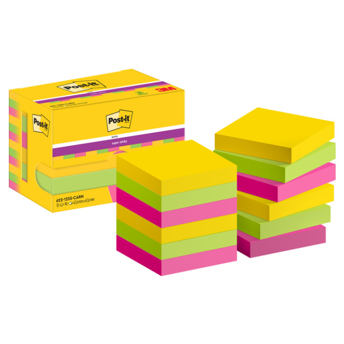Memoblok Post-it 622 Super Sticky 47,6x47,6mm Carnival 12 stuks