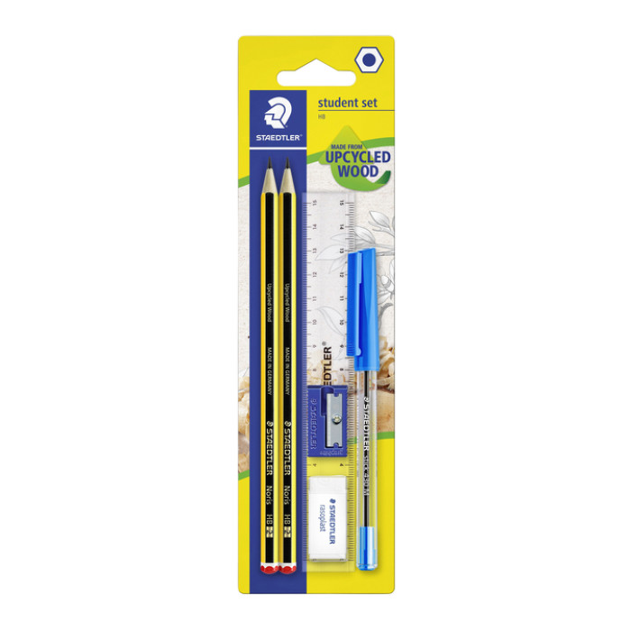 Schrijfset Staedtler inhoud 2 Noris potloden HB en balpen gum slijper en liniaal 6 stuks