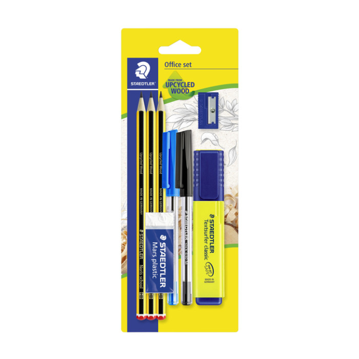 Schrijfset Staedtler inhoud 3 Noris potloden HB - 2 balpennen, markeerstift, gum en slijper 8 stuks