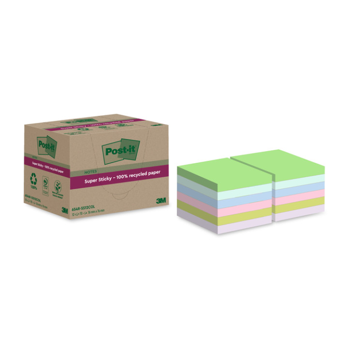 Memoblok Post-it 654 RSS12COL 76x76mm recycled colour notes pastel 12 stuks