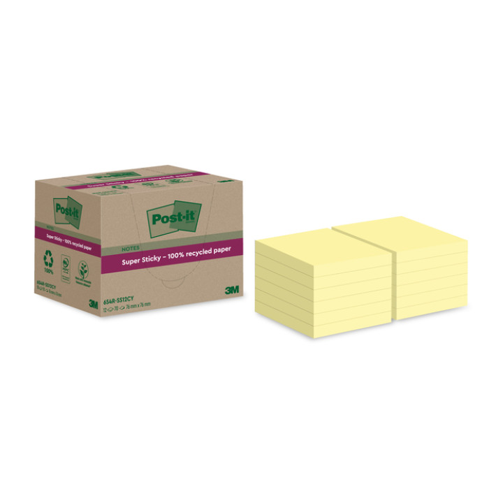 Memoblok Post-it Super Sticky 654 RSS12CY recycled 76x76mm canary yellow 12 stuks