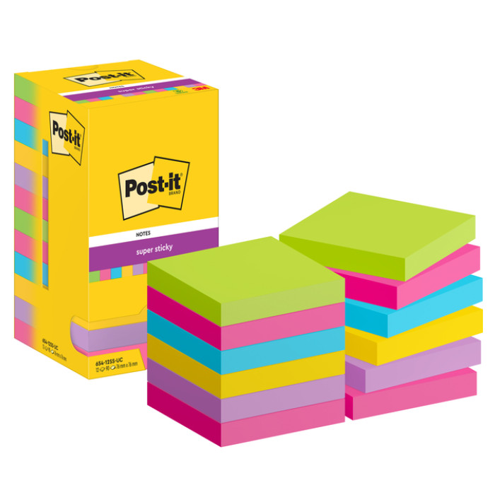 Memoblok Post-it 654 Super Sticky 76x76mm 90 vel rainbow 12 stuks