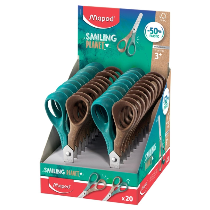 Schaar Maped Smiling Planet 12cm display à 20 stuks bruin/groen