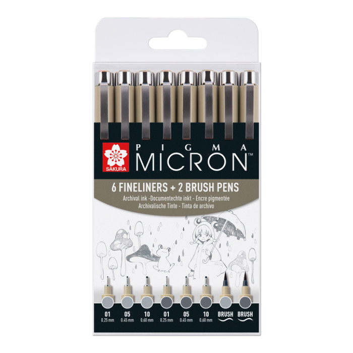 Fineliner en brushpen Sakura Pigma Micron koudgrijs set à 8 stuks assorti
