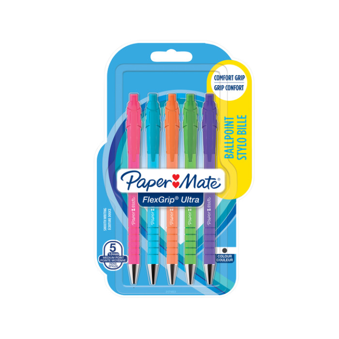 Balpen Paper Mate Flexgrip drukknop Bright fun M assorti blister à 5st