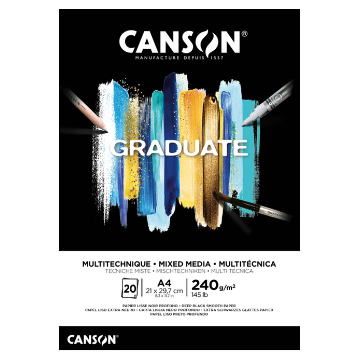 Mixed mediapapier Canson Graduate Mixed Media 20vel 240gr A4 zwart