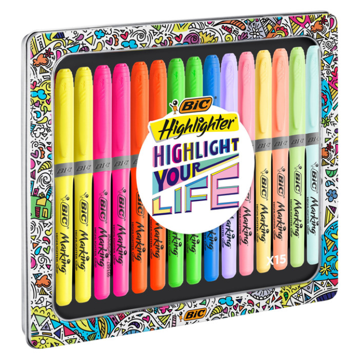 Markeerstift Bic grip Highlight your life assorti blik à 15 stuks
