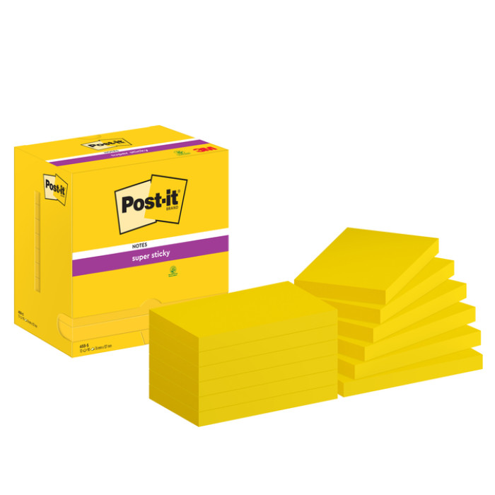 Memoblok Post-it 655 Super Sticky 76x127mm neon geel 12 stuks