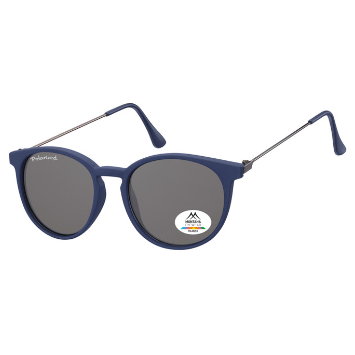 Zonnebril Montana met smoke gepolariseerd rond glas en metalen pootje blauw