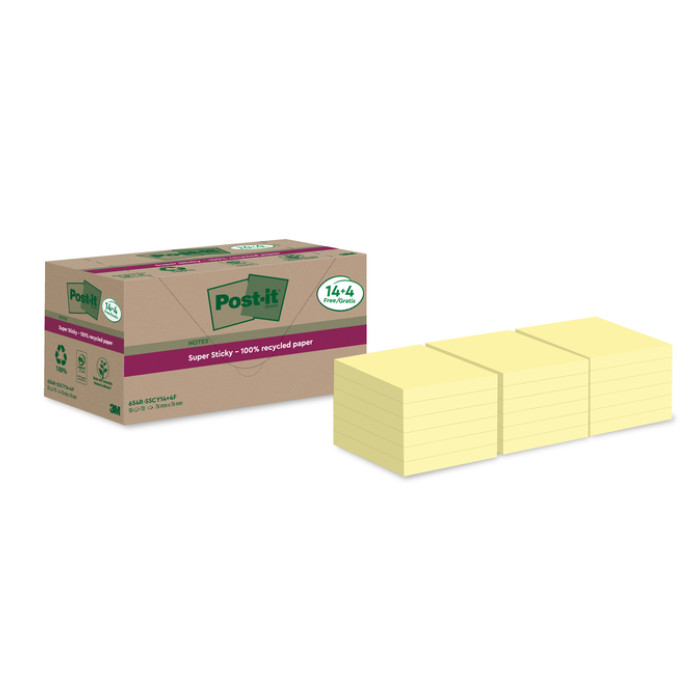 Memoblok Post-it 654 RSS12CY 76x76mm geel 14+4 gratis