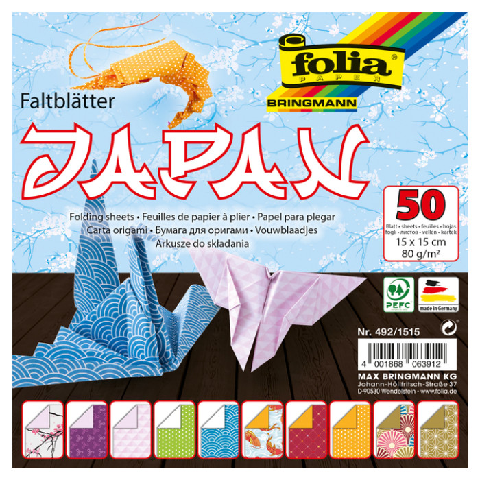 Vouwblaadjes Folia 80gr 15x15cm 50 vel 2-zijdig Japan 10 designs assorti kleuren