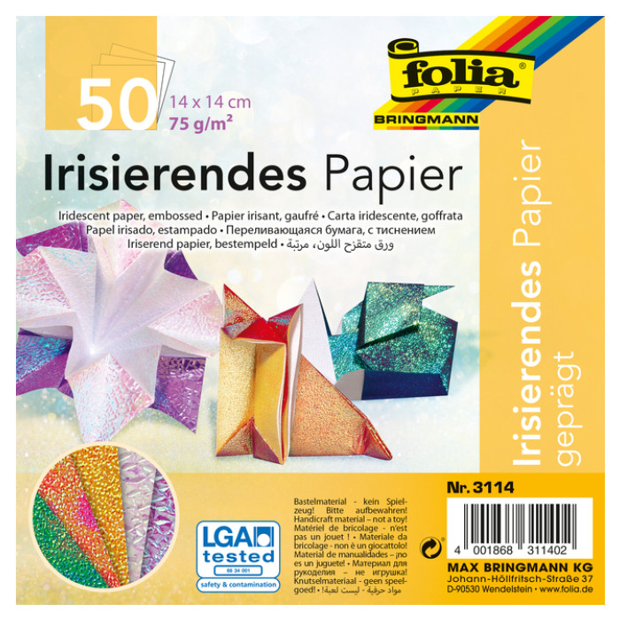 Vouwblaadjes Folia 75gr 14x14cm 50 vel 2-zijdig iriserend embossing assorti kleuren