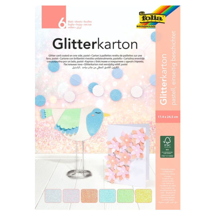 Glitterkarton Folia 174x245mm 6 vel pastel assorti