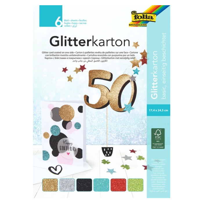 Glitterkarton Folia 174x245mm 6 vel basis assorti