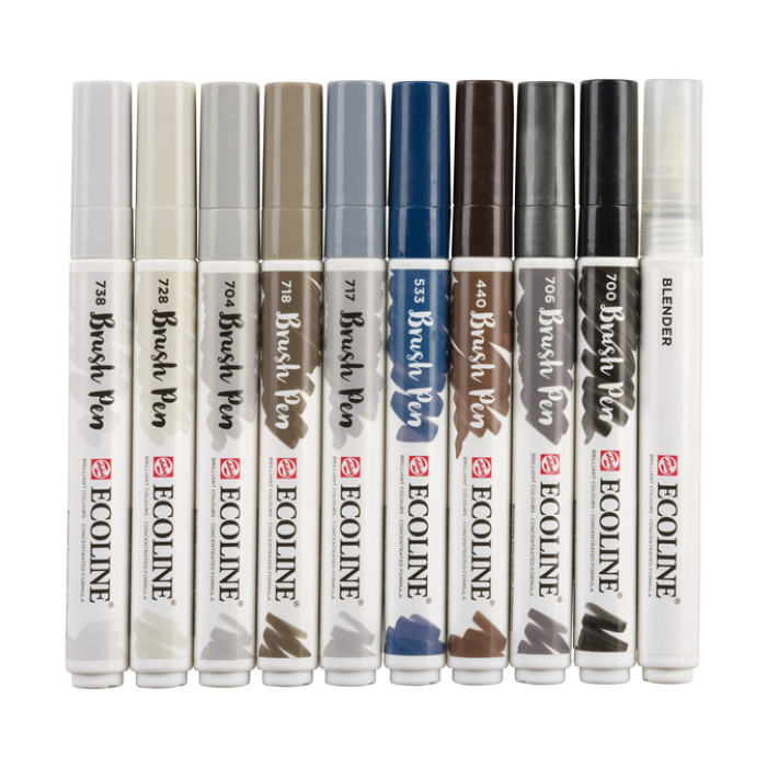 Brushpen Talens Ecoline set à 10 stuks grijs