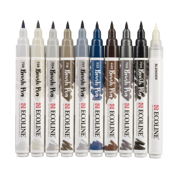 Brushpen Talens Ecoline set à 10 stuks grijs