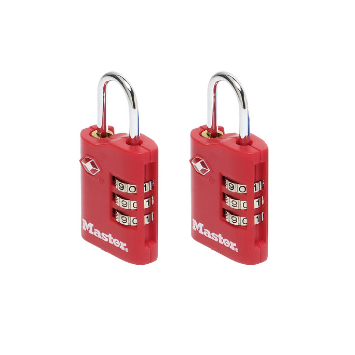 Hangslot Masterlock 3-cijfer combi TSA set van 2 sloten assorti in willekeurige kleur 30mm 2 stuks