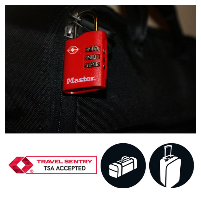 Hangslot Masterlock 3-cijfer combi TSA set van 2 sloten assorti in willekeurige kleur 30mm 2 stuks