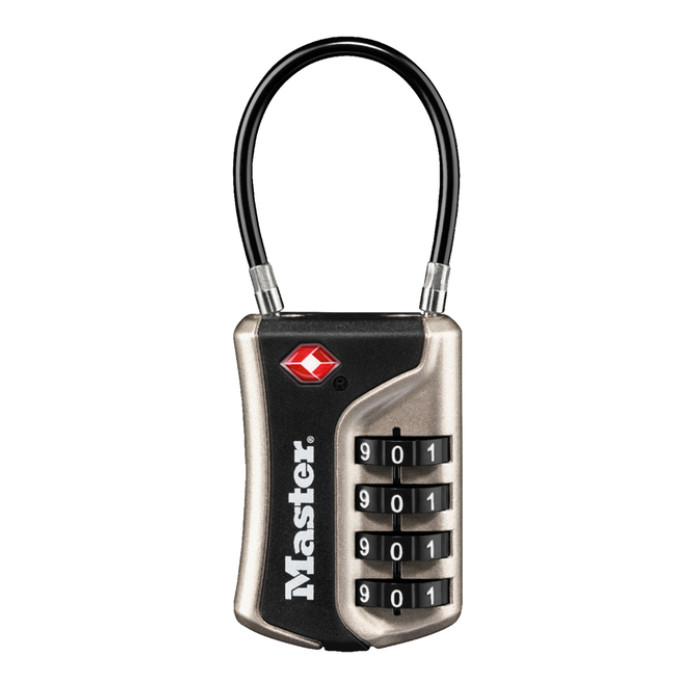 Hangslot Masterlock 4-cijfer combinatie TSA flexibele beugel zwart 35mm