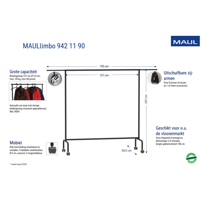 Garderoberek MAUL Limbo 156x127(tot 220)x50cm mobiel (zijarmen)