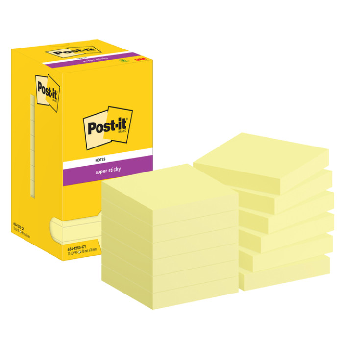 Memoblok Post-it 654 Super Sticky 76x76mm canary yellow 12 stuks