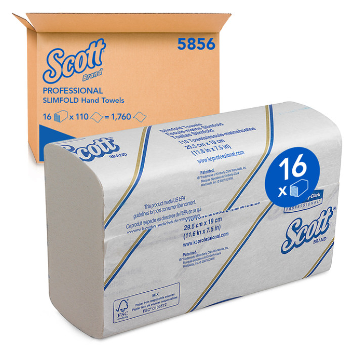 Handdoek Scott Slimfold m-vouw 1-laags 190x300mm 16x110 vel wit 5856