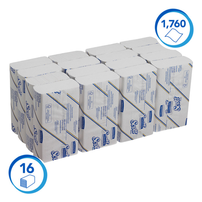 Handdoek Scott Slimfold m-vouw 1-laags 190x300mm 16x110 vel wit 5856