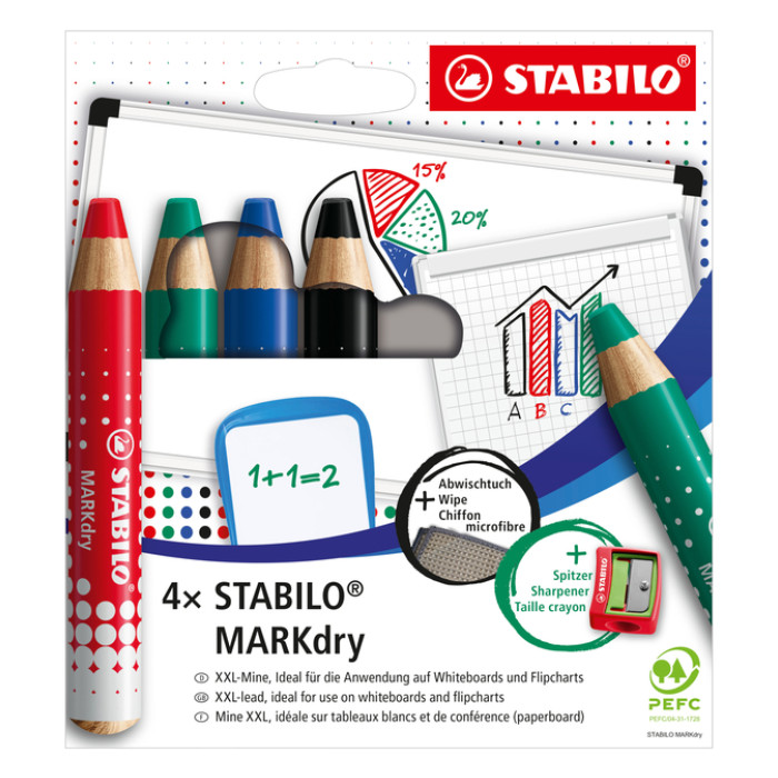 Whiteboardpotlood STABILO MARKdry 648/4 |+ slijper-microvezel ass 4st