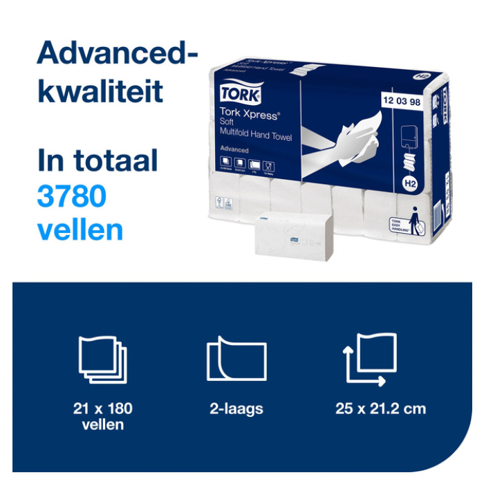 Handdoek Tork H2 Xpress Advanced multifold 2-laags 212x255mm 21x180 vel wit 120398