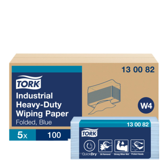 Reinigingsdoek Tork W4 Premium Industrial Heavy-Duty gevouwen 3-laags 5x100 vel blauw 130082