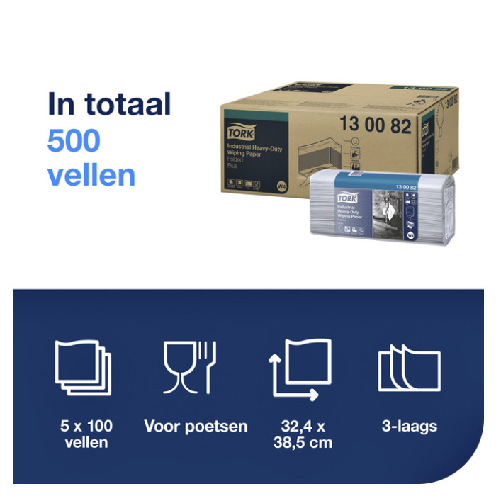 Reinigingsdoek Tork W4 Premium Industrial Heavy-Duty gevouwen 3-laags 5x100 vel blauw 130082