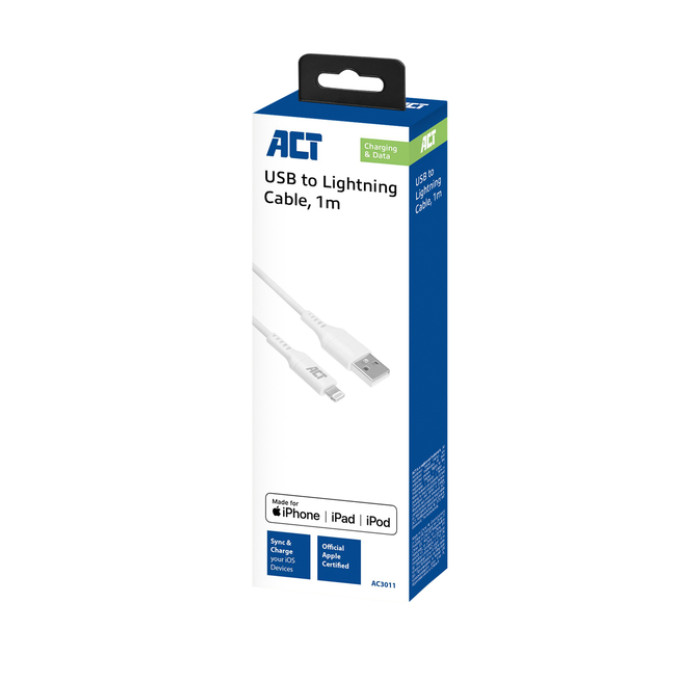 Kabel ACT USB 2.0 naar Lightning laad -en data 1 meter