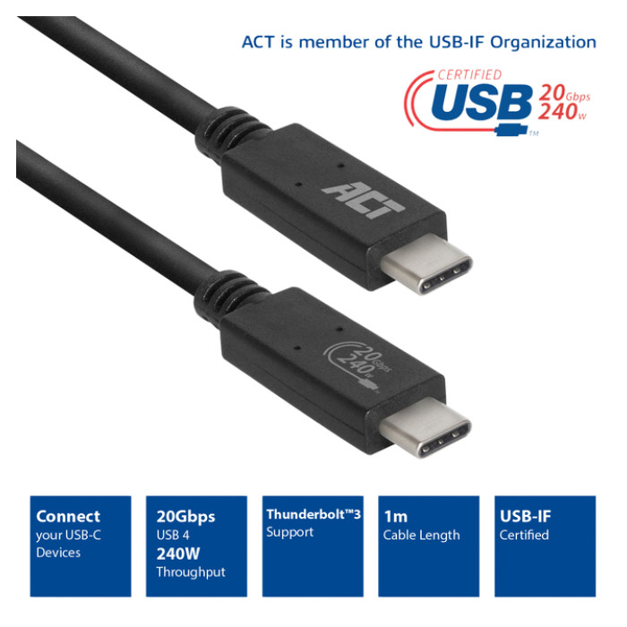 Kabel ACT USB-C USB 4 20Gbps Thunderbolt3 1 meter