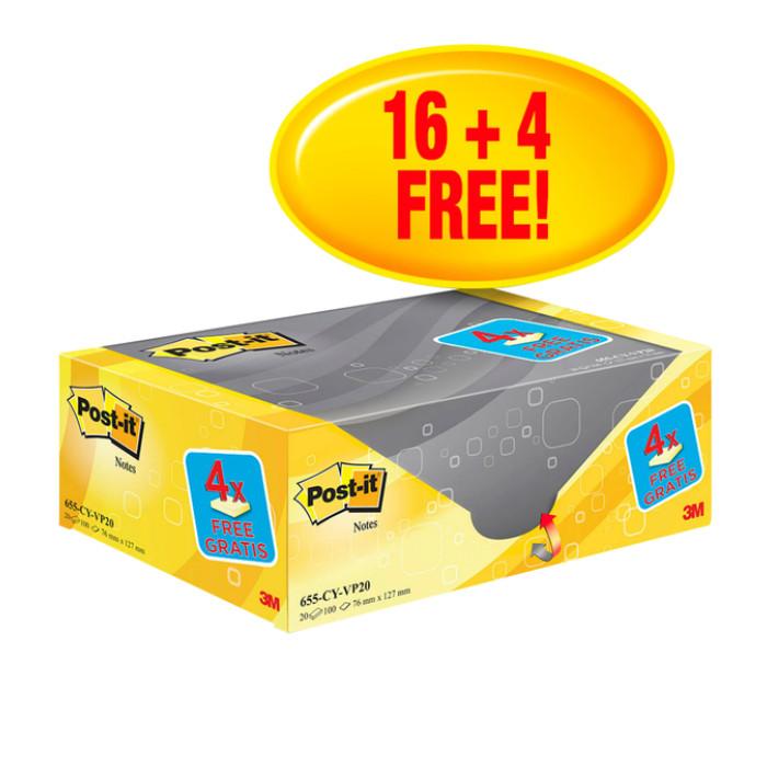 Memoblok 3M Post-it 655 76x127mm geel 16 + 4 gratis