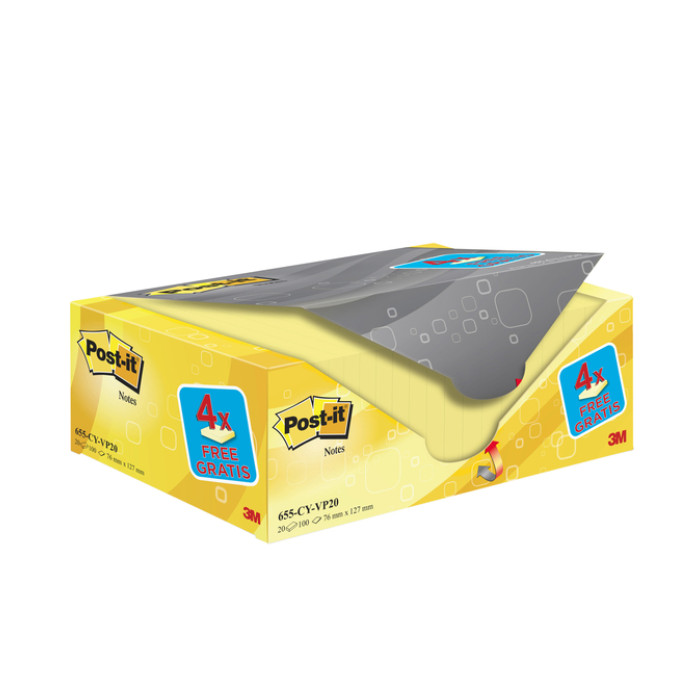 Memoblok 3M Post-it 655 76x127mm geel 16 + 4 gratis