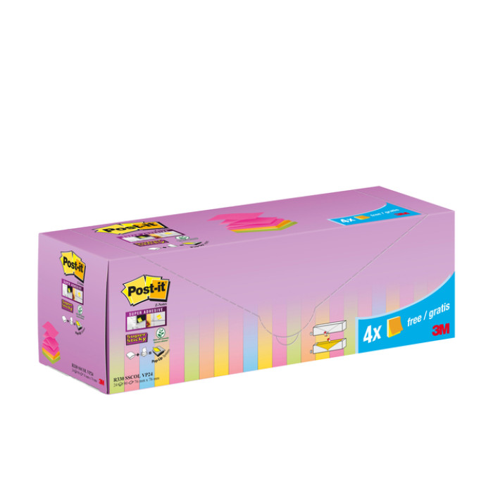 Memoblok 3M Post-it Z-Note R330 Super Sticky 76x76mm assorti kleur 20 + 4 gratis